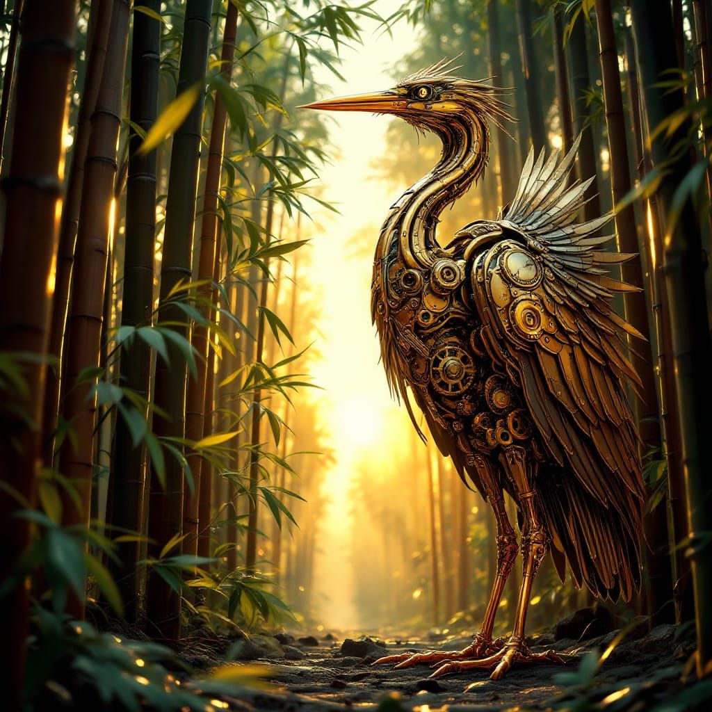 Steampunk Mechanical Heron in Bamboo Forest