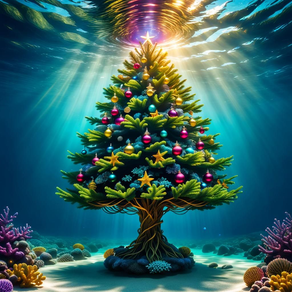 Underwater Christmas Tree in Lake at Golden Hour