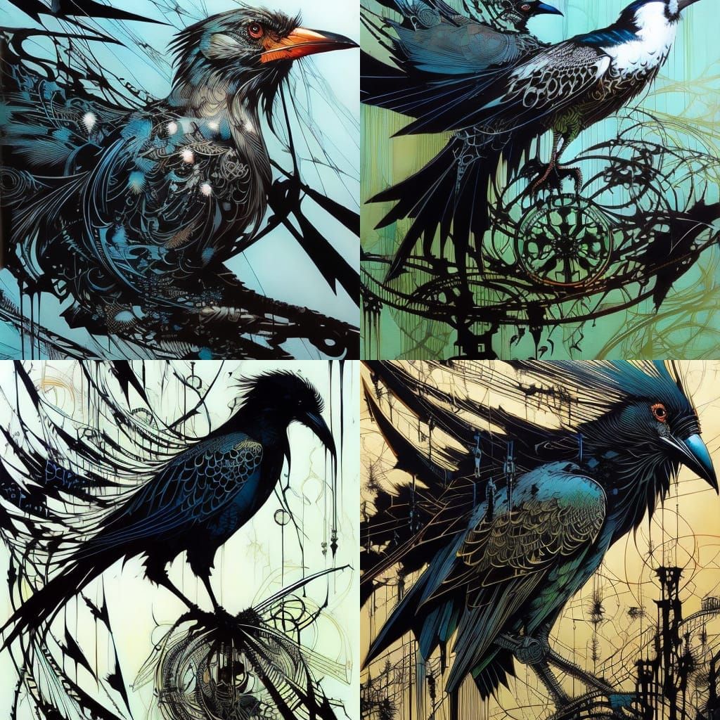 Majestic Mechanical Crow in Intricate Gouache Style