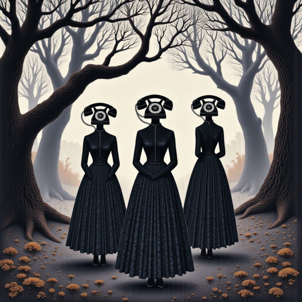 Victorian Women with Telephone Heads in Misty Forest