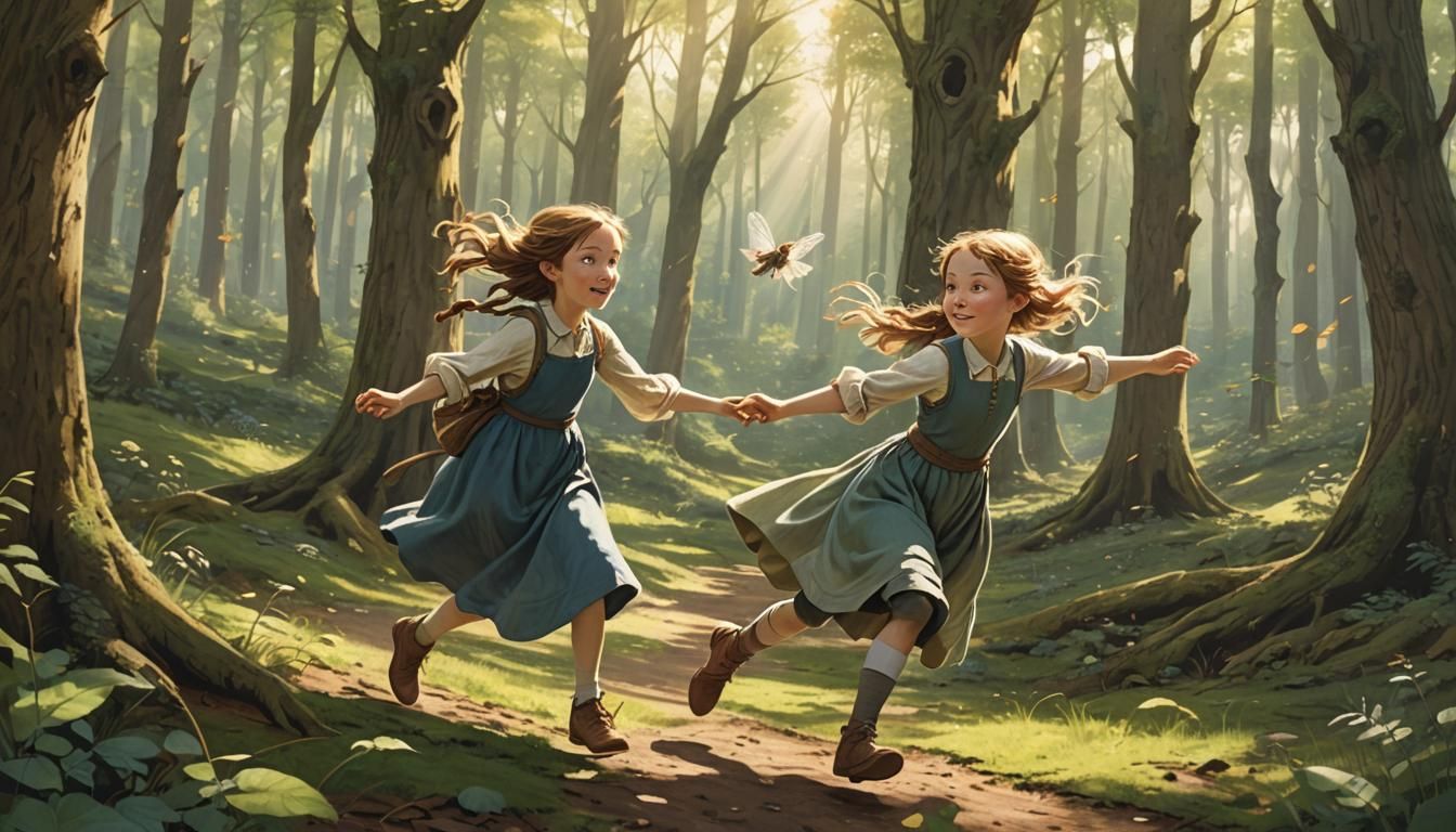 Girl Chasing Elf in Forest: Whimsical Illustration