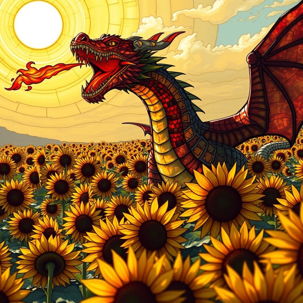 Sunflowers and a Majestic Dragon in Vibrant Van Gogh Style
