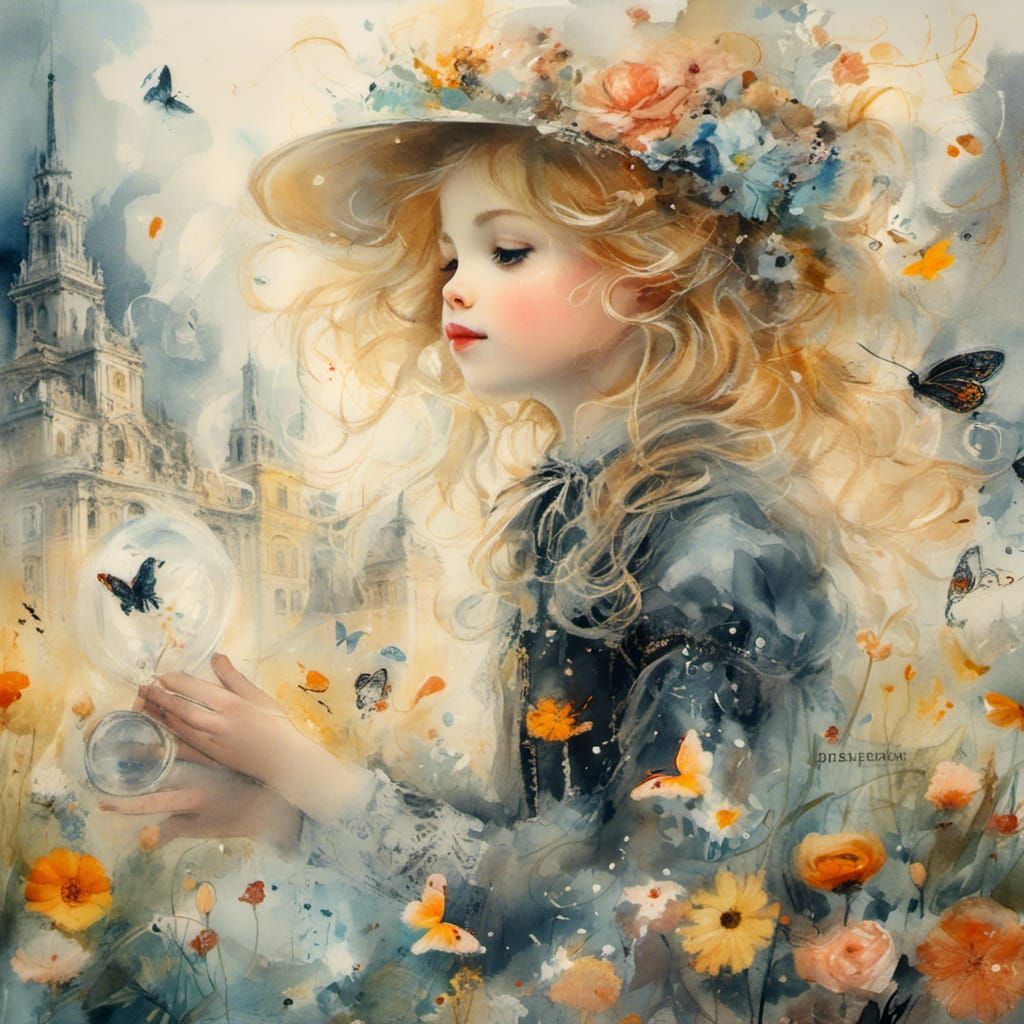 Girl Blowing Bubbles in Flower Meadow, Watercolor Art