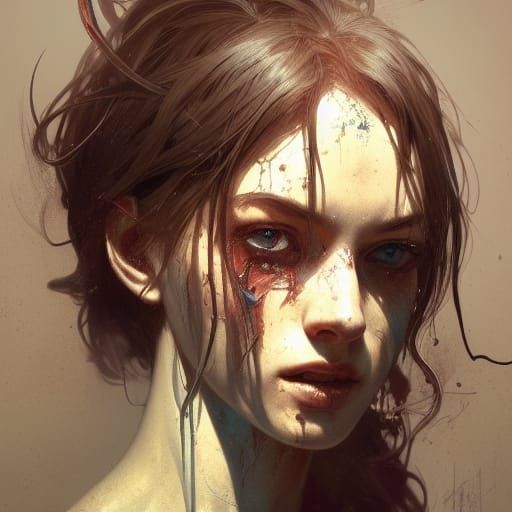 Detailed Portrait of a Broken Beauty in Art Nouveau Style