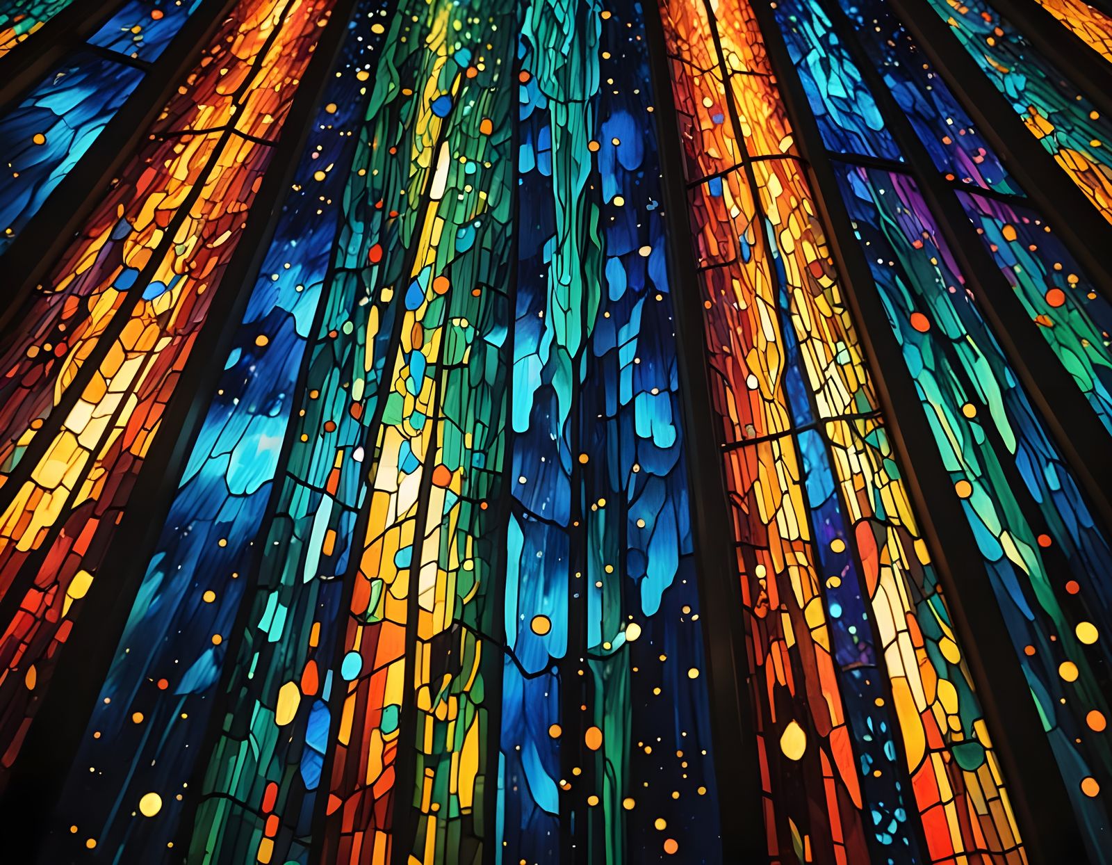Rainbow Waterfall in Space as Stained Glass Art