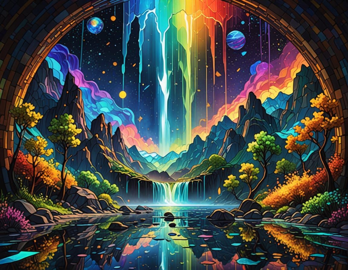 Stained Glass Waterfall in Cosmic Landscape