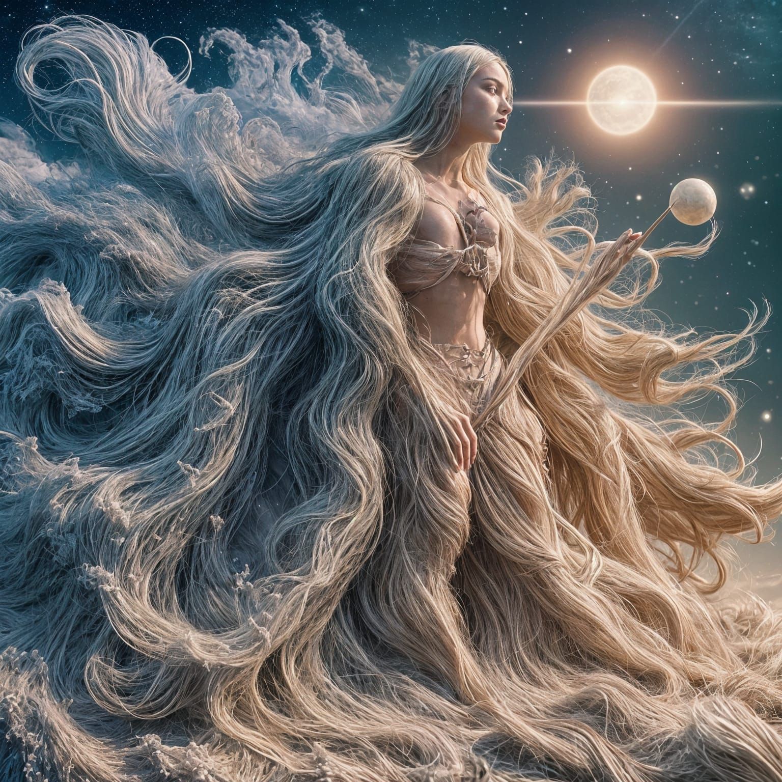 Ethereal Woman Embracing Cosmic Journey in Abstract Reality