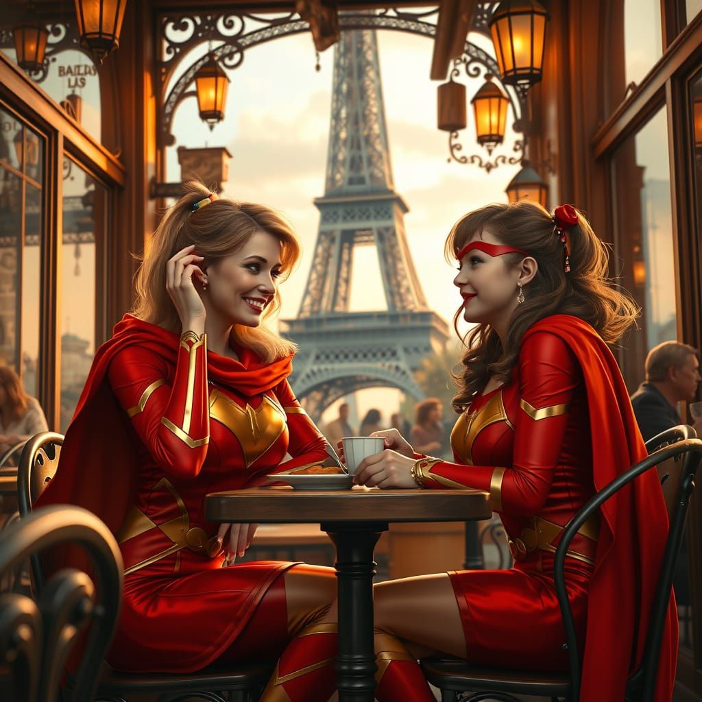 Mother and Daughter Superhero Duo in Parisian Cafe