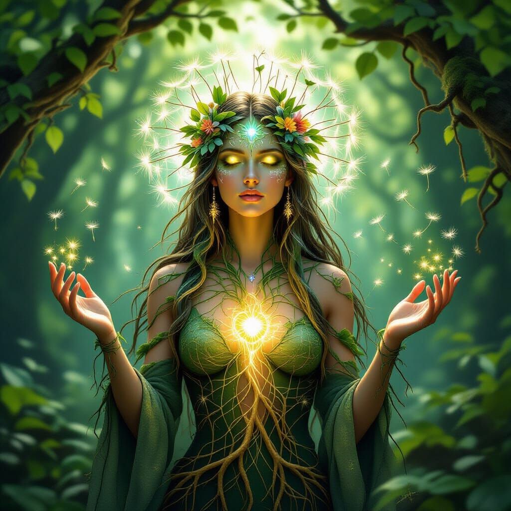 Forest Guardian Woven From Sunlight With Root Wings