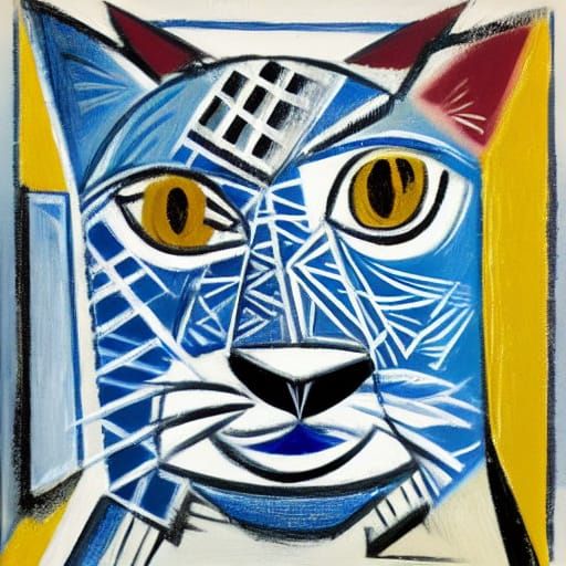 cat, abstract painting, geometric pattern, cubist body, asym...