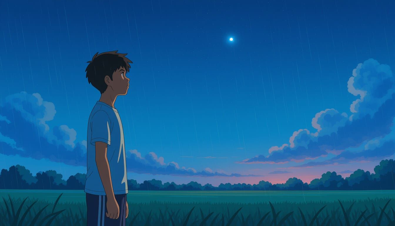 Teenage Boy Gazes Up at Rainy Night Sky
