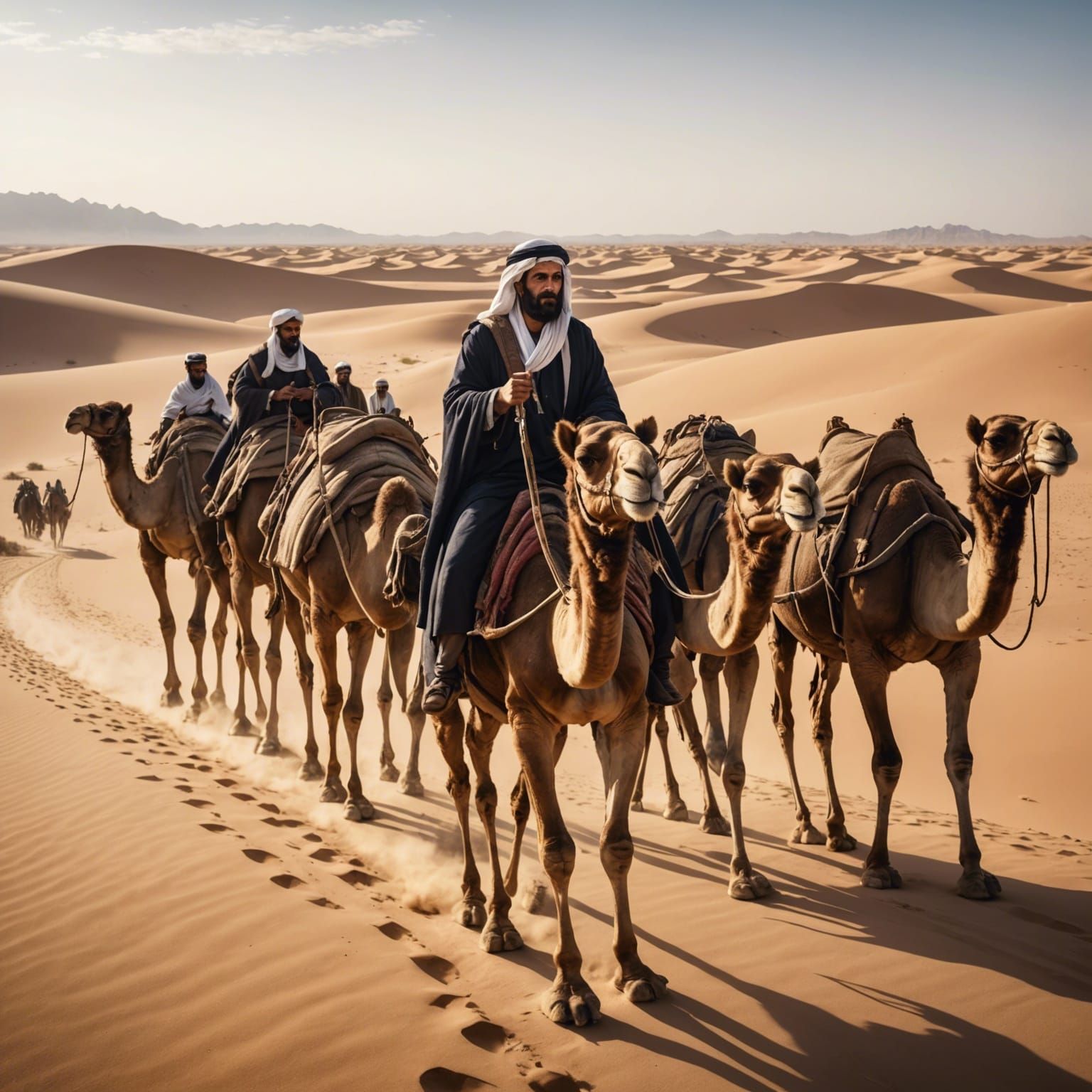 Medieval Merchant Leads Caravan Across Desert