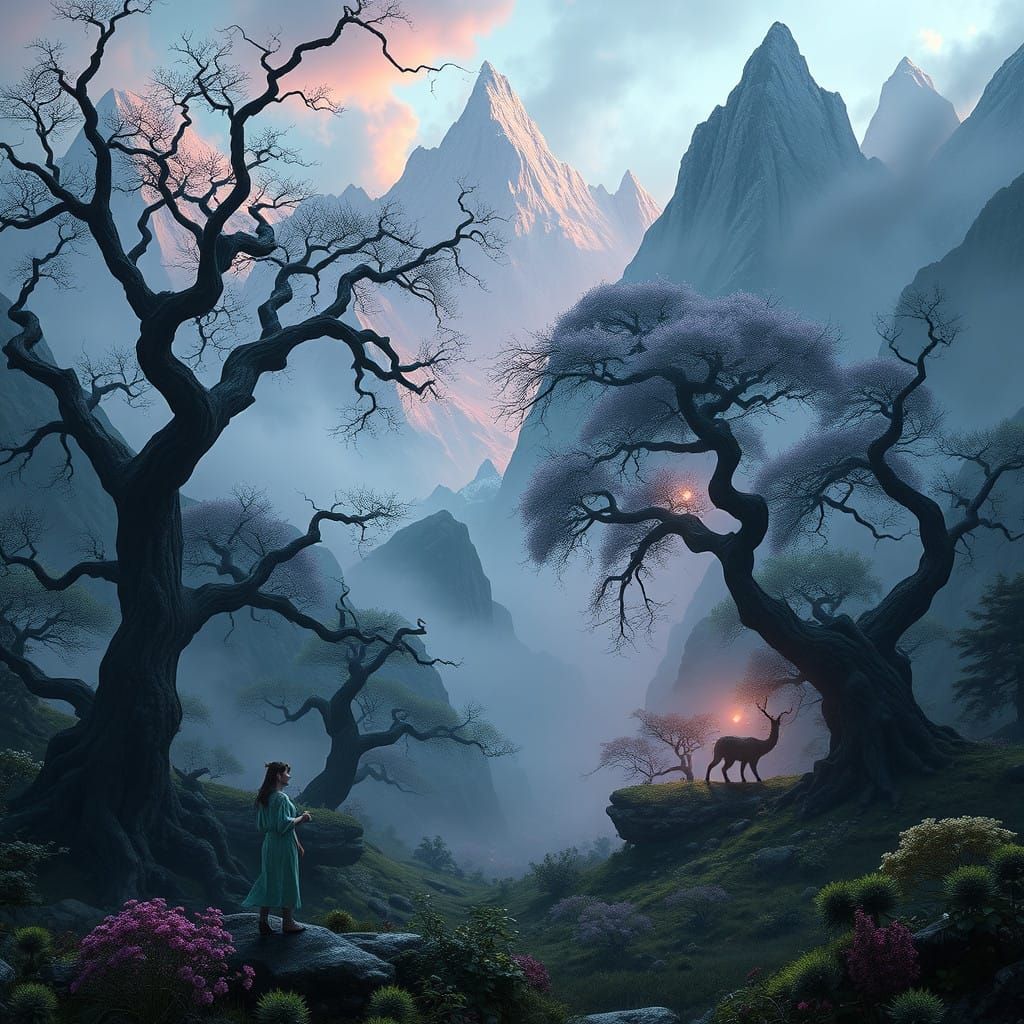 Enchanted Forest Realm in Cyberpunk Fantasy Style