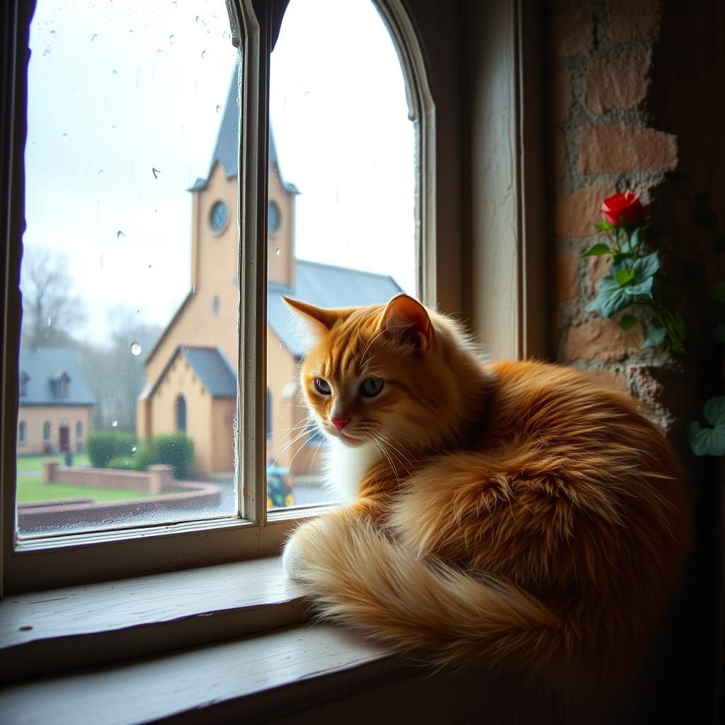 Ginger Cat on Church Windowsill During Gentle Rain