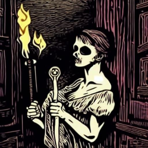 Creepy Woodcut: Girl with Hatchet in Haunted House