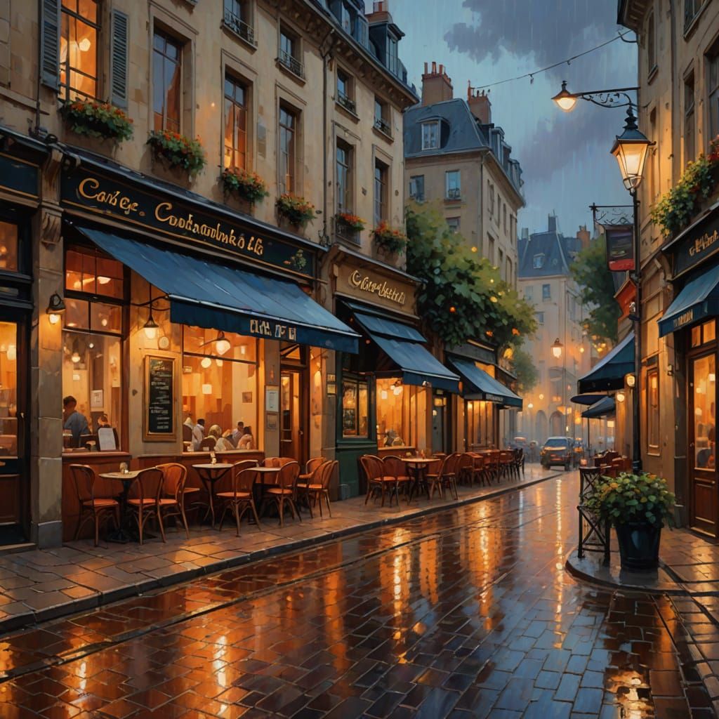 Impressionistic French Cafe at Night: Warm Colors