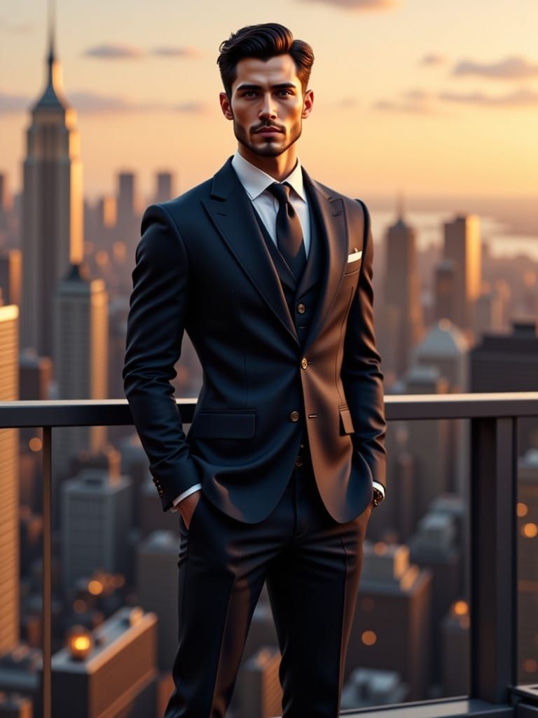 Dapper Man in Golden Hour Twilight Cityscape