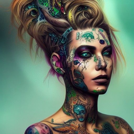 Tattooed Woman Portrait in Acid Punk Style
