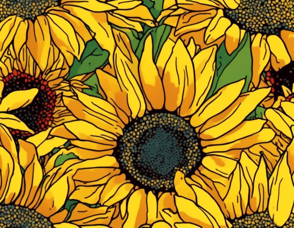 Sunflowers in Field Outside Farmhouse, Doodle Style