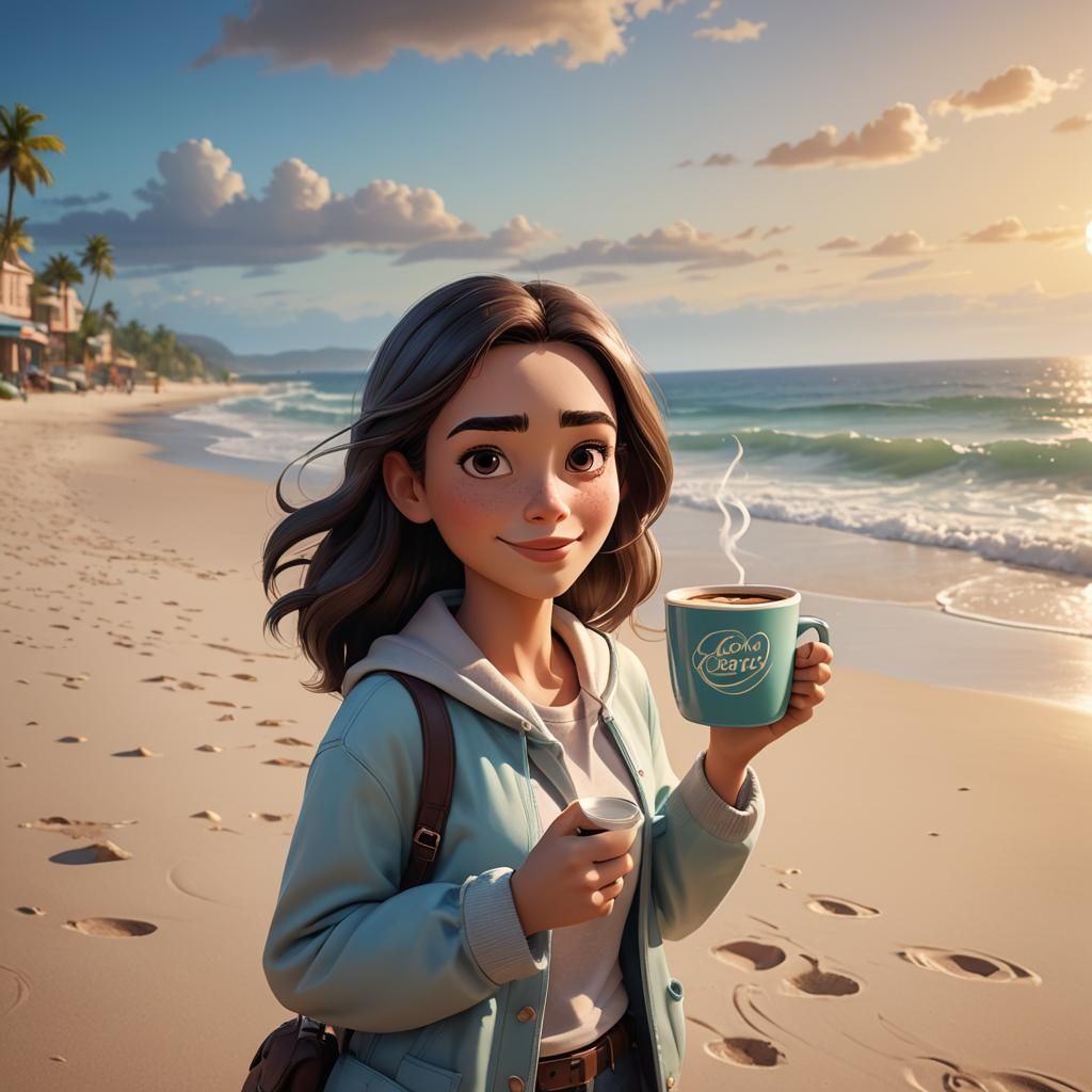 Expressive Caricature: Girl with Coffee at the Beach