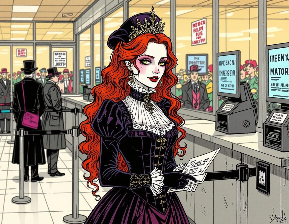 Vampire Queen at DMV: Whimsical Victorian Ink Illustration