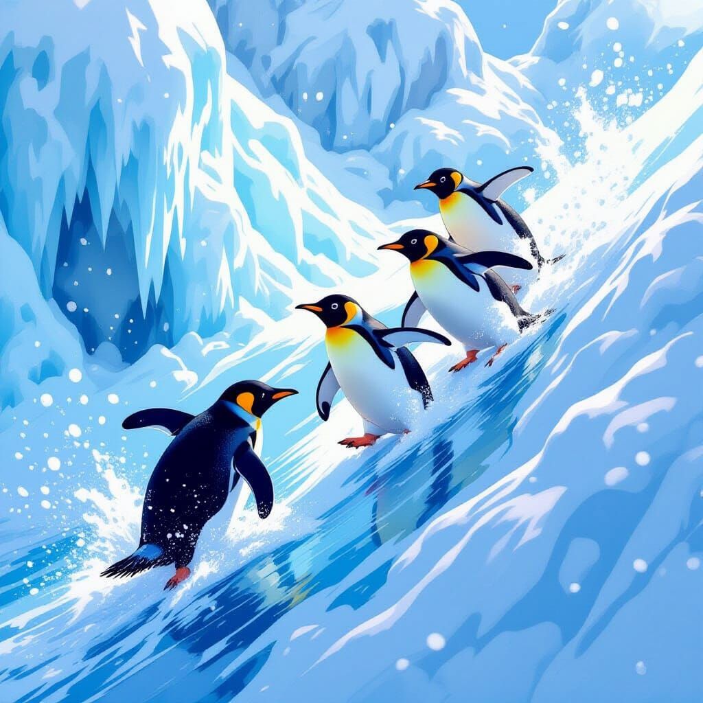 Penguins Sliding on Ice, Digital Art