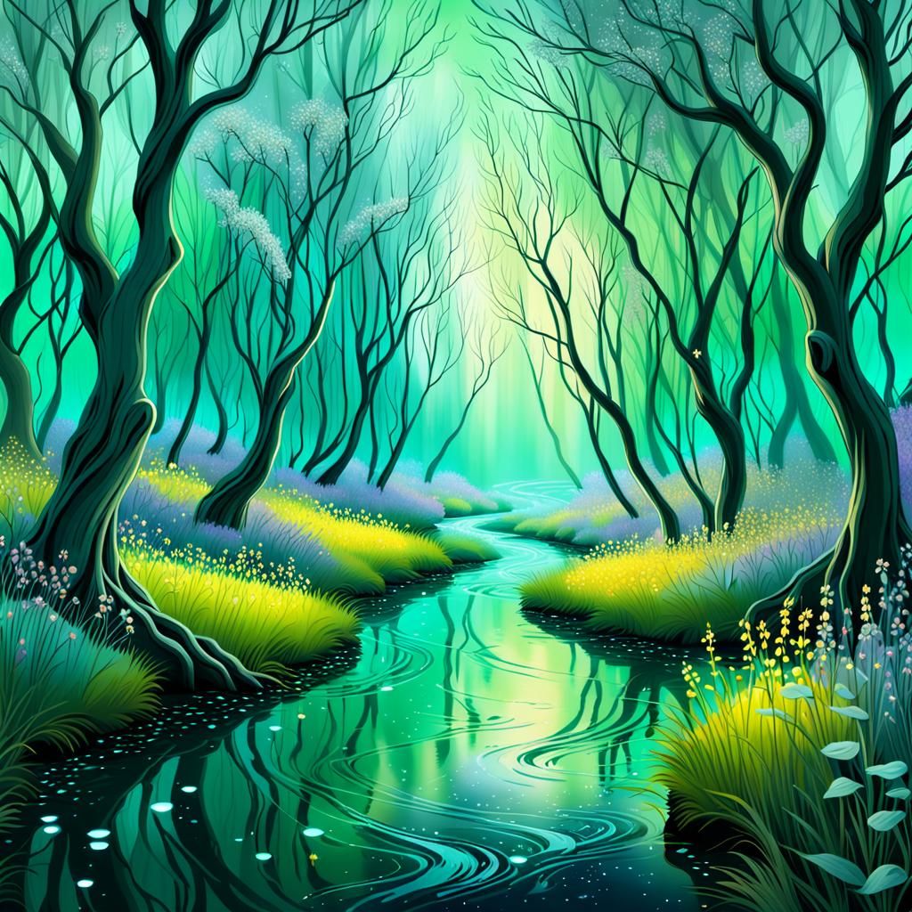 Enchanted Willow Grove with Bioluminescent Flowers
