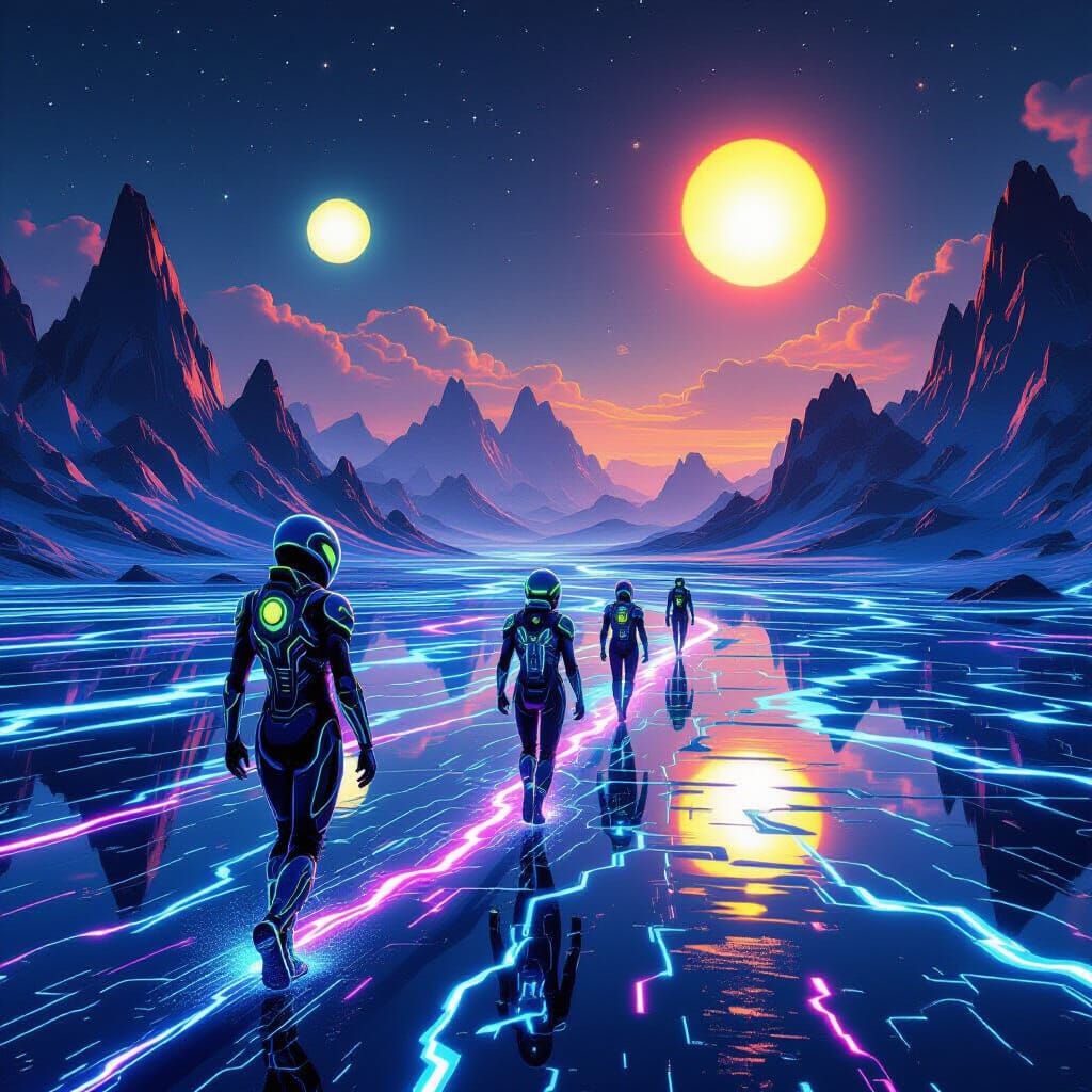 Bioluminescent Aliens on Energy Field in Cyberpunk Style