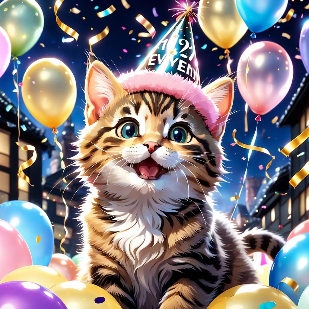 Anime Kitten Celebrates New Year's Eve