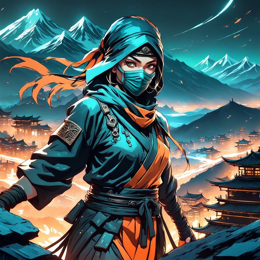 Ninja Girl Over Japanese City, Dynamic Lighting