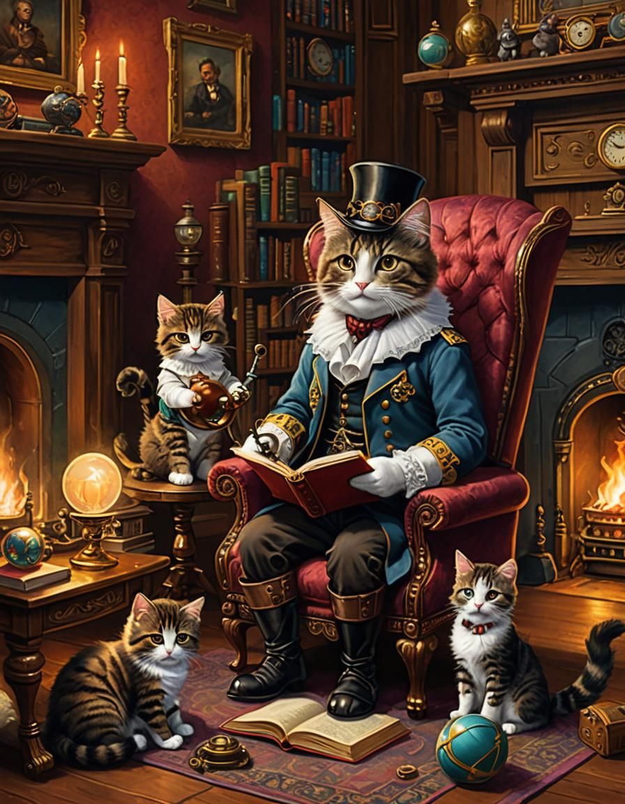 Steampunk Cat Family in Cozy Victorian Room