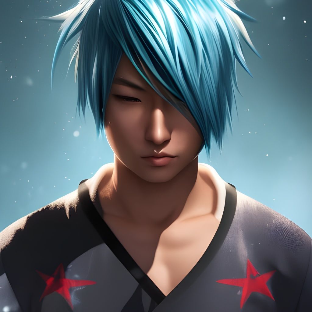 Blue-Haired Asian Man with Stardust Freckles