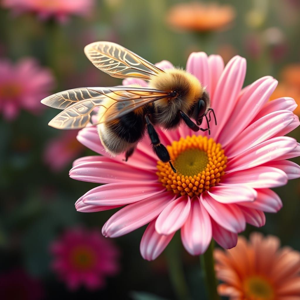 Glowing Bumble Bee in a Vibrant 3D Garden