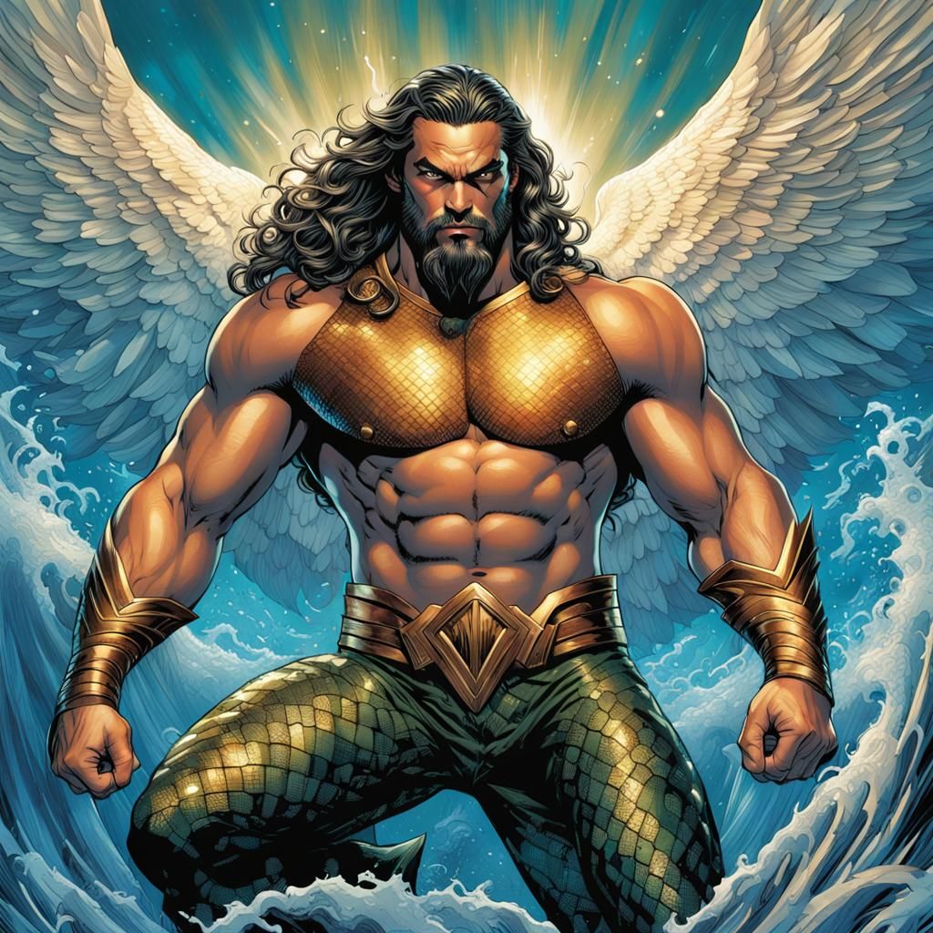 Aquaman with Wings on Sapphire Throne: Comic Book Art