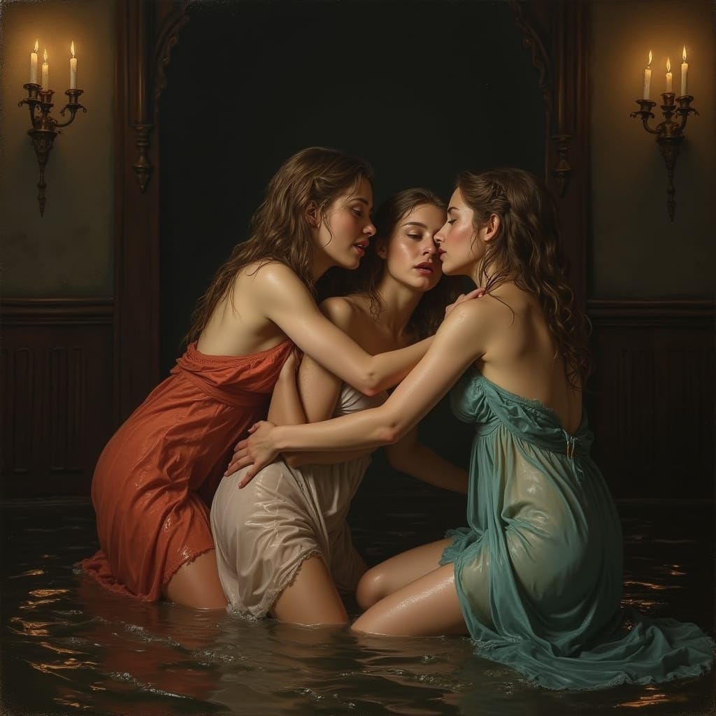 Classical Painting Women in Whimsical Sinking Ship Scene