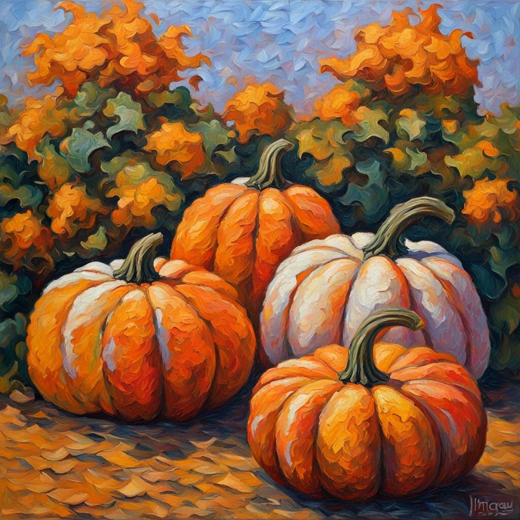 Pumpkins in Neo-Impressionist Impasto Oil Painting