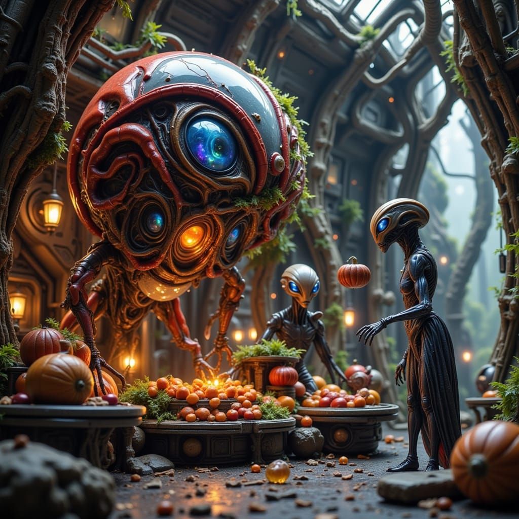 Alien Market on a Misty Planet in Cosmic Surrealism