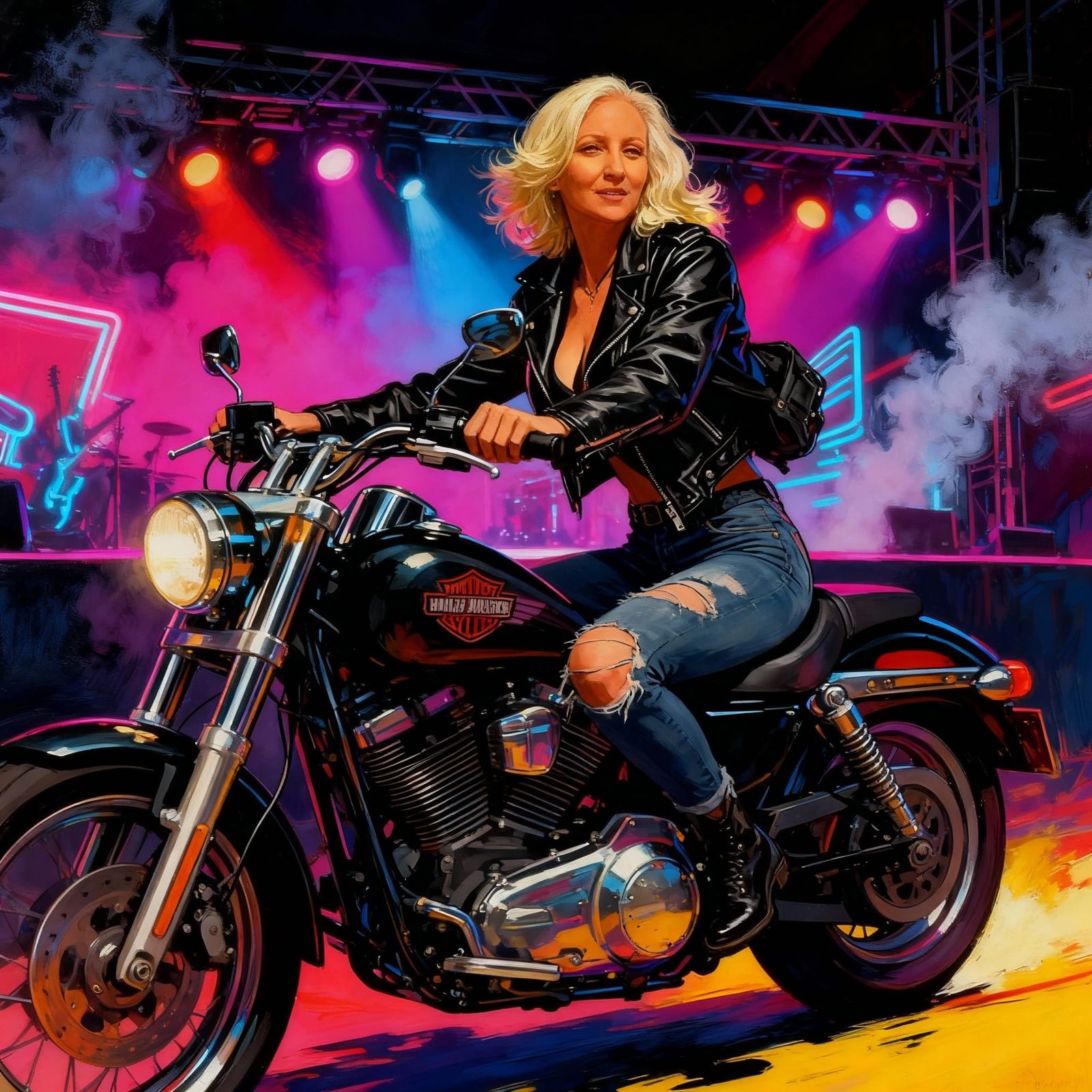 Fashion Model Rides Harley at Neon Rock Concert