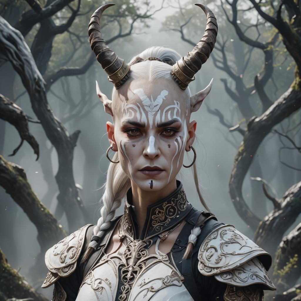 bald woman with ponytail and horns wearing white warpaint