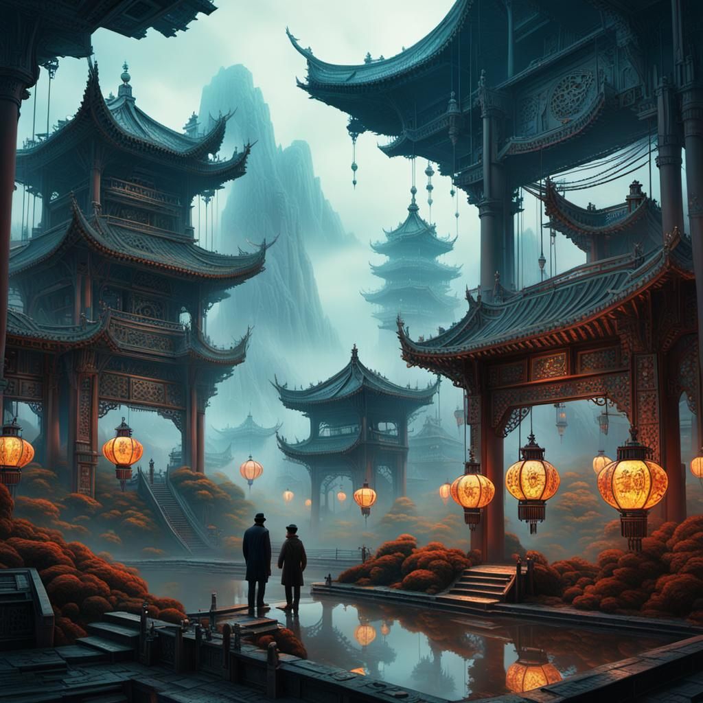 Cyberpunk Steampunk Inventor in Machine Garden