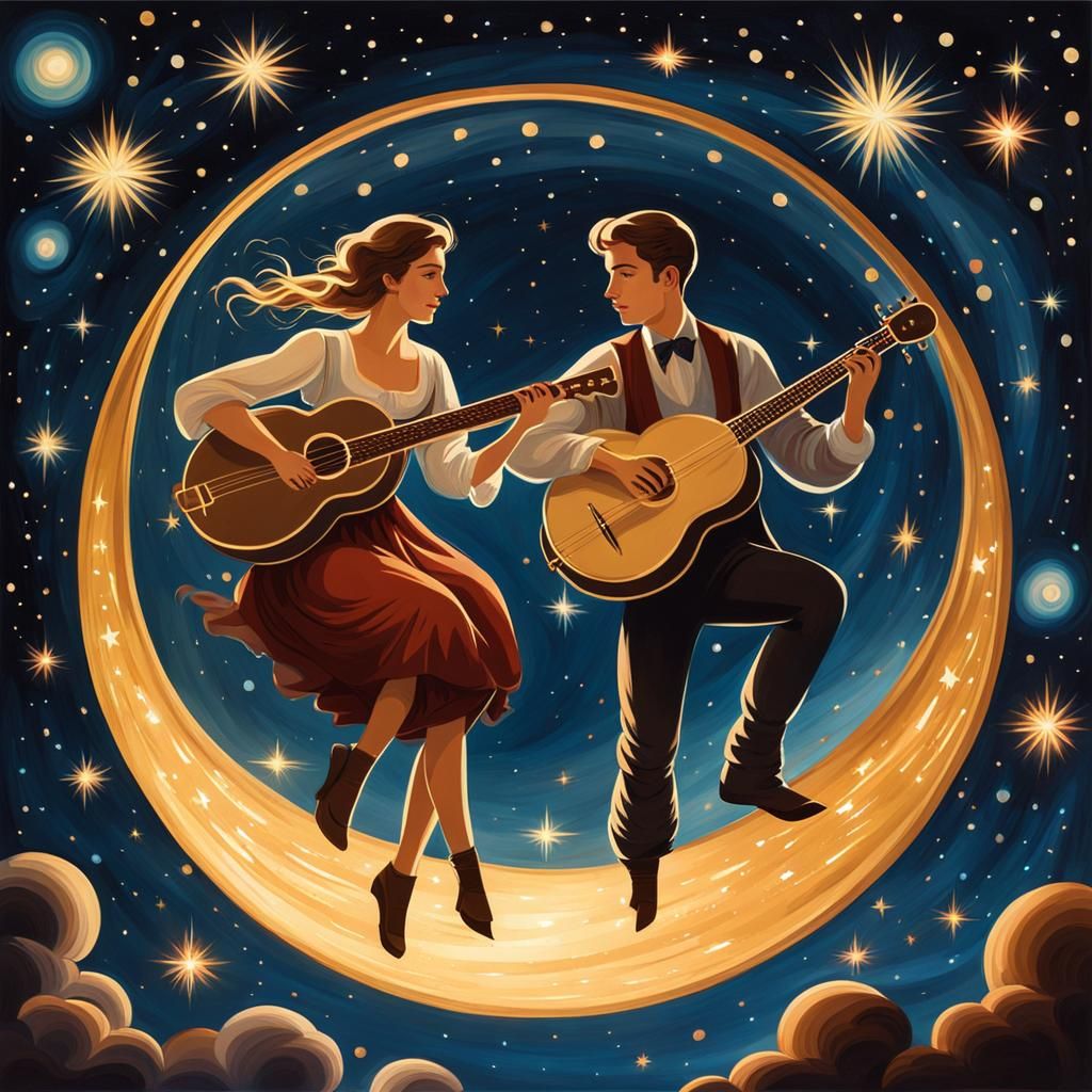 Victorian Couple Play Banjos in Space: Oil Painting