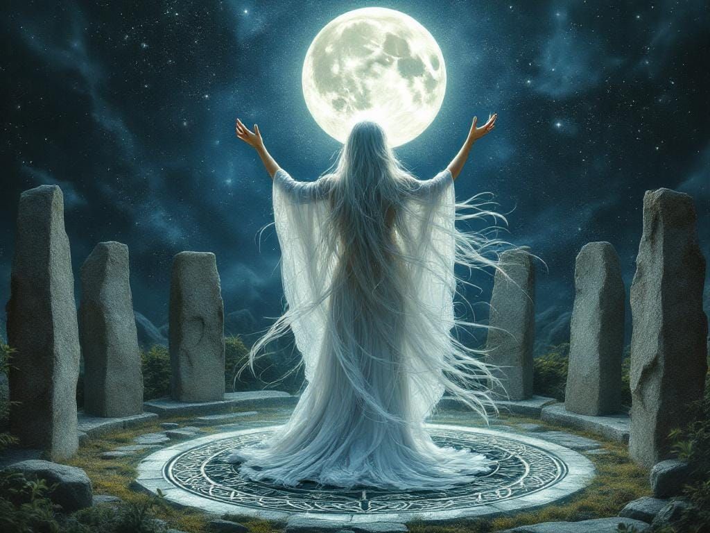 Celtic Druidess Summons Nature Spirits in Art Nouveau Style