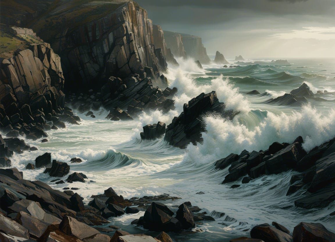 Detailed Rocky Coastline with Frothy Waves in Hyperrealism