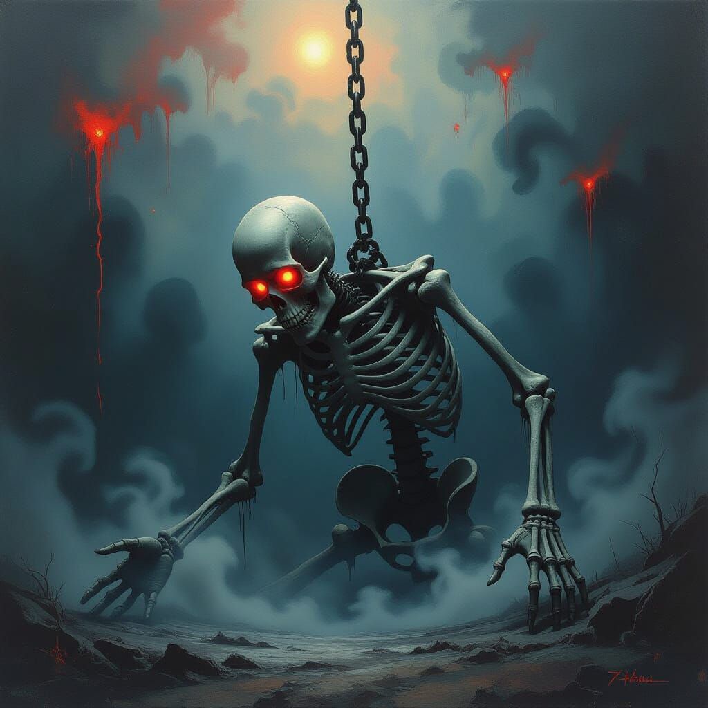 Skeletal Figure Pulled Down by Shadows in Surrealist Paintin...