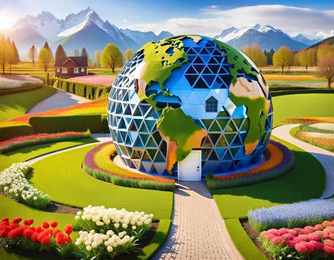 Earth-Shaped Geodesic House in Spring Landscape