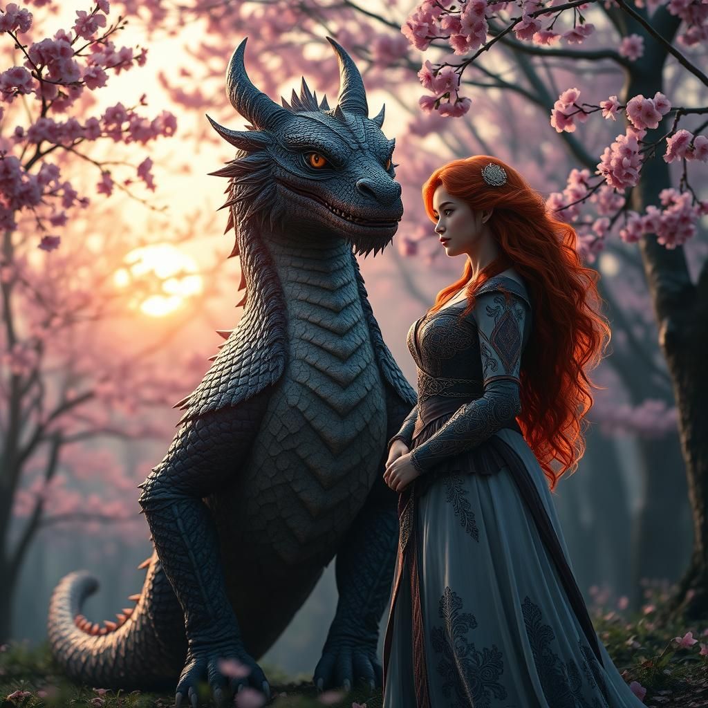 Dragon and Princess in Cherry Blossom Forest