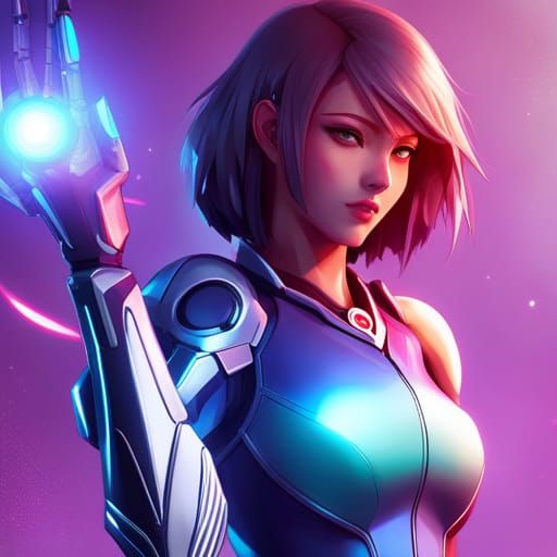 Anime Woman with Cybernetic Arm in Sci-Fi Setting