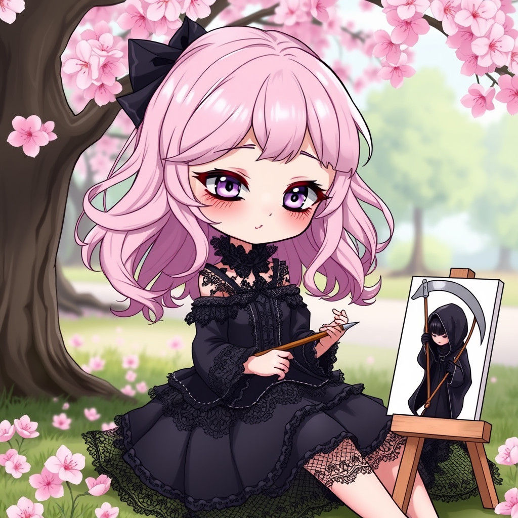 Chibi Woman Paints Reaper Self: Vibrant Anime Art
