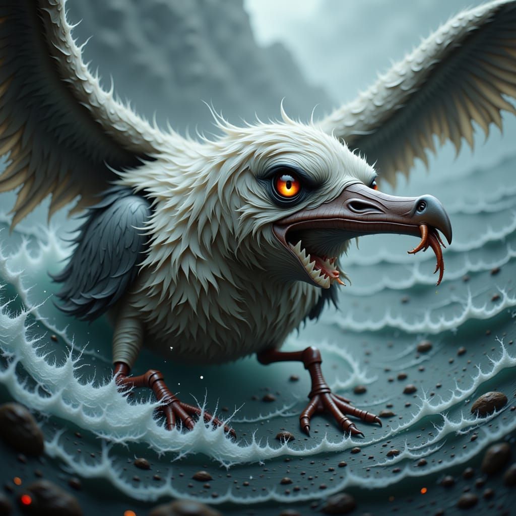 Furious Seagull Navigating Stormy Seas in Biomechanical Styl...