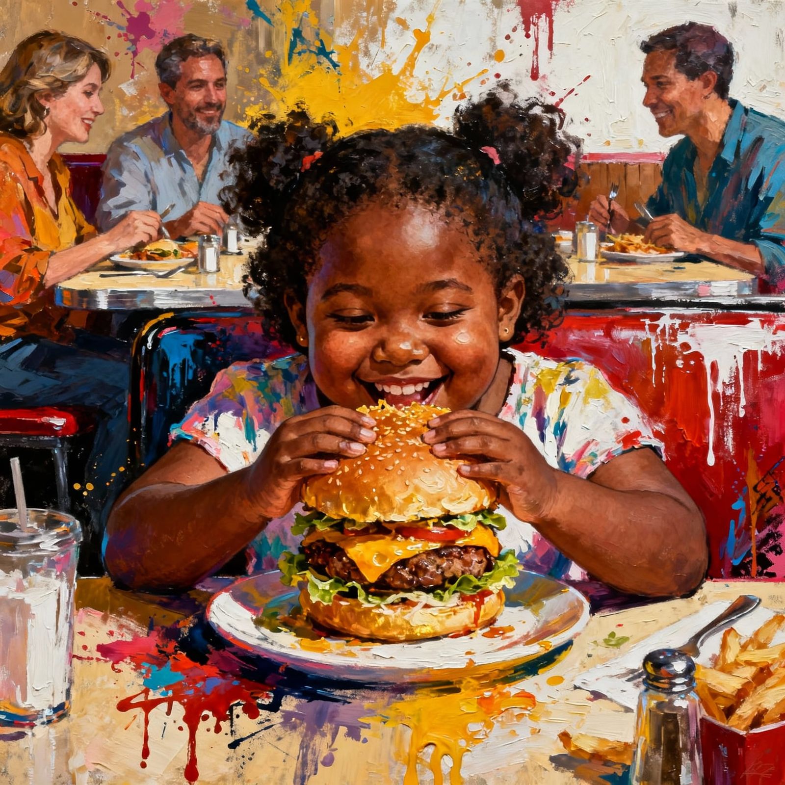 Girl Enjoys Cheeseburger at Family Dinner in Graffiti Style